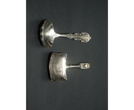 George IV silver caddy spoon with floral engraved decoration, Birmingham 1833; together with another silver caddy spoon, Birm
