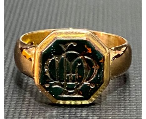 Victorian 18ct hallmarked gold blood stone seal ring, with Sheffield hallmark possibly 1864, weight 7.5g approx.