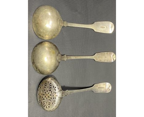 George IV silver fiddle pattern sifter spoon, London 1825; together with a Victorian silver fiddle pattern sauce ladles, weig