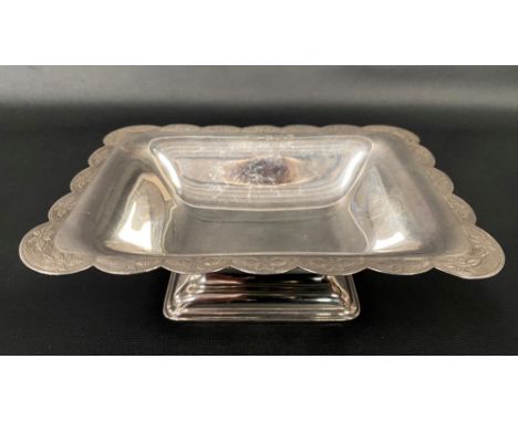 Modern silver rectangular pedestal dish with flower head and engine turned lobed edge, maker Mappin &amp; Webb, Birmingham 19