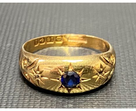 Edwardian 18ct gold diamond and sapphire three stone set gypsy ring, Birmingham 1910, weight 3.2g approx. (one diamond missin