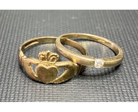 9ct hallmarked gold small diamond set band ring; together with a 9ct hallmarked gold Claddagh ring, weight 3.5g approx.