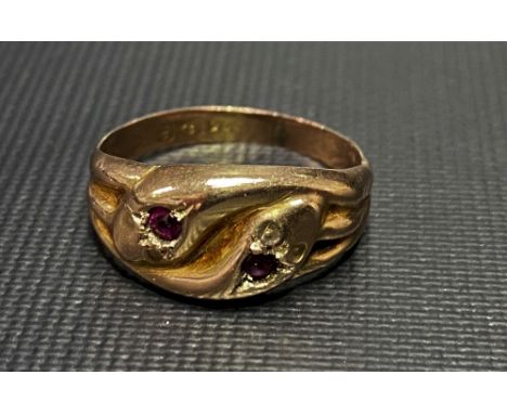 Edwardian 9ct gold snake ring set with two small rubies, Birmingham 1904, weight 1.5g approx.