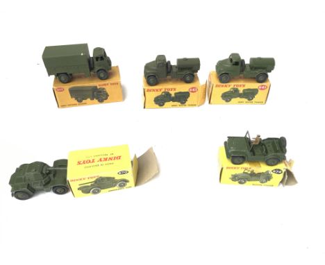 Collection of Dinky army vehicles. Including water tanker and covered wagon. Boxed.