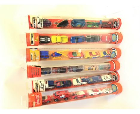 6 Matchbox 5 Car Sets in tubes Late 1990s Early 2000s.