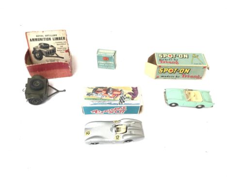 Various vehicles including Spot-on sunbeam alpine with box. Crescent toys Mercedes-Benz. Box of replacement corgi tyres and a