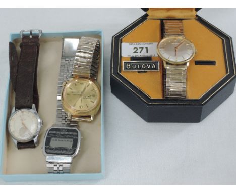A gents 1960's Bulova wrist watch having a baton numeral dial on a stretch strap in original case and three other wrist watch