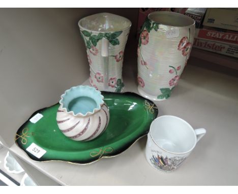 A Carltonware dish having Vert Royale ground, a Wrythen glass vase, a commemorative peace mug, and a Maling vase and jug havi