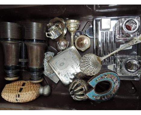 A selection of miscellaneous including Bank of England cigarette case, military binoculars, mosiac horseshoe frame, penny lig