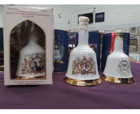 Six commemorative ceramic bottles of Bell's whisky, marriage of Andrew and Sarah 1986, Birth of Beatrix 1988, Birth of Eugene
