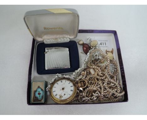 A selection of costume jewellery including gents cufflinks, earrings, chains, enamelled pendant and a Rowenta boxed cigarette