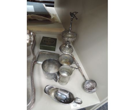 A small selection of plated ware including hip flask, toddy ladle, decanter labels, enamelled patch box etc