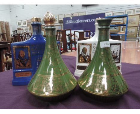 Two ceramic decanters of Admirals Select scotch anchor premium blended whisky and Two Sir Walter Raleigh Elizabethan blended 