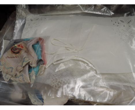 A selection of vintage assorted linen including lace and cut collars, Victorian aprons, RASC silk handkerchief, crochet doyle