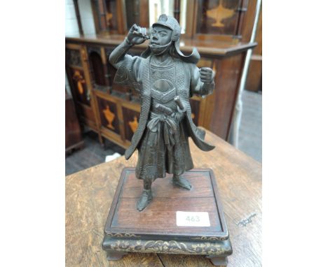 A 19th century Japanese meiji period, bronze figure modelled as Samurai Warrier, on inlaid hardwood base, signed