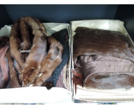 A chocolate brown mink evening stole having tassel decoration in a Marshall of Snelgrove box and a box containing vintage dou