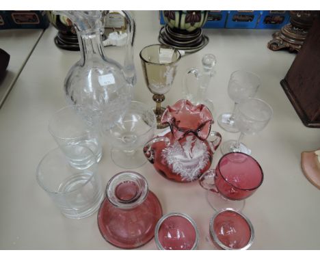 A selection of vintage glassware including Cranberry, Mary  Gregory style,  a pair of salts with HM silver rims, a Victorian 
