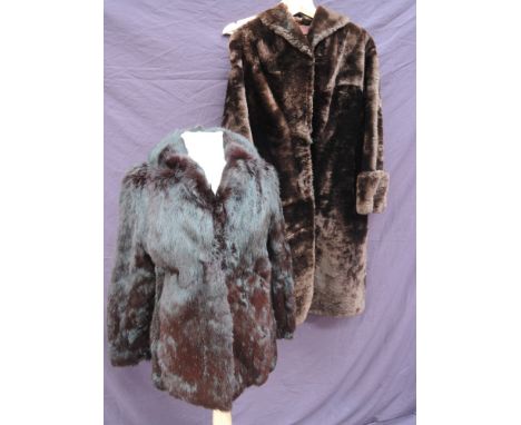 A vintage brown mouton fur coat having a shawl collar, and a damson coloured coney fur jacket with lapel collar retailed by H