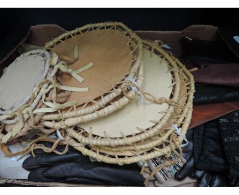 A selection of vintage gloves, purses etc and a native Indian style beaded mat and skin items