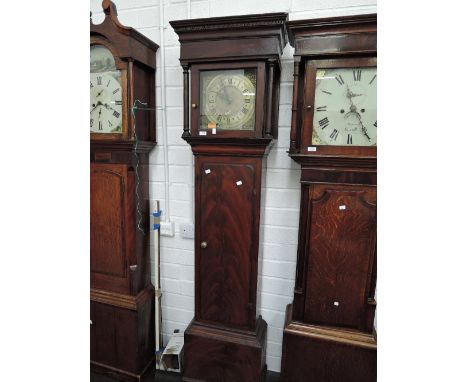 A composite part 18th century mahogany longcase clock having square and pillar hood containing brass dial by Parkinson, Lanca