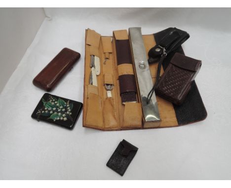 A small selection of misc including a gents shaving kit in crocodile skin leather case, a vintage 1990's Mulberry leather pho