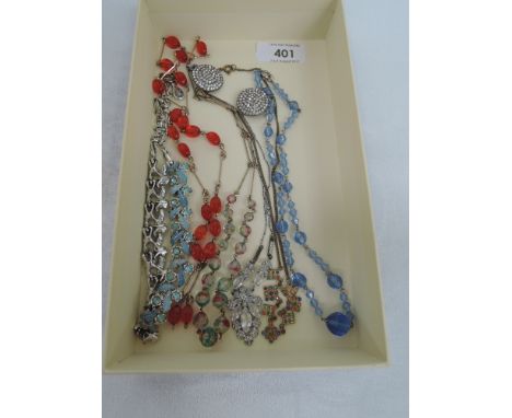 A small selection of vintage necklaces including yellow wire and bead, crystal, enamel etc