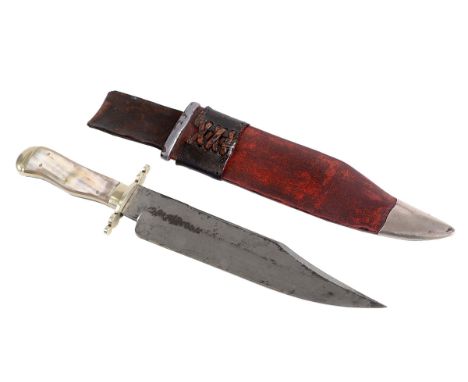 AN 1XL BOWIE KNIFE. A horn handled Bowie knife with an attractive 9.7/8" blade, marked I* X L , complete with a red leather s