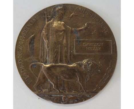 AN AUSTRALIAN RECIPIENTS MEMORIAL PLAQUE. 1640 L/Cpl Davidson Hedley of the 45th Battalion AIF, was Killed in Action on the 2