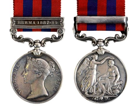AN INDIA G-SERVICE MEDAL TO AN OFFICER 1st MADRAS LANCERS. An Indian General Service Medal 1854 with bar Burma 1887-89, named