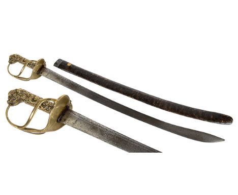 AN EARLY ENGLISH NAVAL CUTLASS. A late 17thC English naval cutlass with cast brass hilt and dogshead pommel. Brass knucklebow