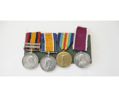 AN R A M C GROUP OF FOUR MEDALS. A Queens South Africa Medal with bars Natal and Transvaal, named to 12775 Pte H C Prett RAMC