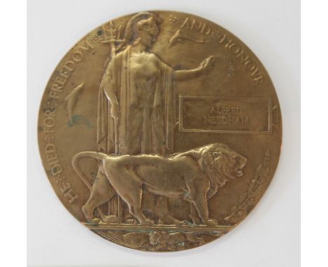 A MEMORIAL PLAQUE NAMED TO ALFRED NEEDHAM. Of the possible recipients are two Alfreds (R Fusiliers & N Fusiliers Somme) also 