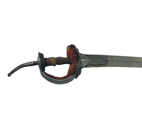 A HINDU SOSUN PATTAH SWORD. A Hindu basket hilted Sosun Pattah sword of the 19thC, complete with red velvet guard liner. The 