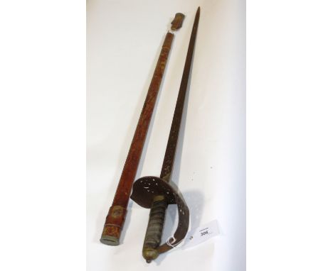 AN RA OFFICERS SWORD etc. A Royal Artillery officers three bar hilt sword, complete with brown leather field scabbard and out