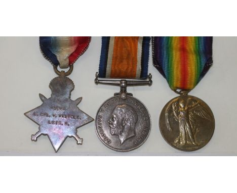 A LEICESTERSHIRE REGIMENT TRIO. A 1914/15 Star, British War & Victory MEDALS named to 12068 L.Cpl (A.Cpl) W Walpole Leic R. W