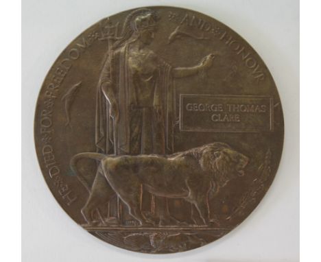 A MEMORIAL PLAQUE NAMED TO GEORGE THOMAS CLARE. R LANCS. Pte 34662 1st/4th Battalion Kings Own Royal Lancaster Regiment, was 