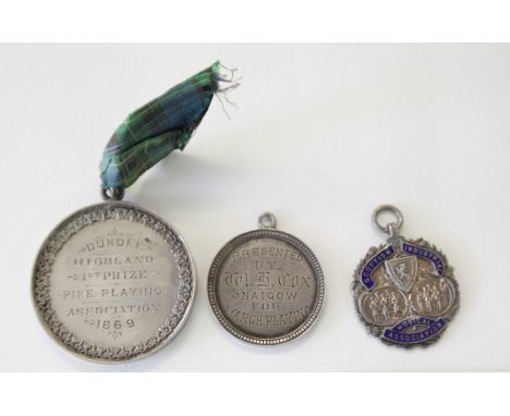 BAGPIPE PRIZE MEDALLIONS. (3) Pipe playing awards including. 1/Dundee Pipe Playing Association 1869 1st prize, unnamed revers