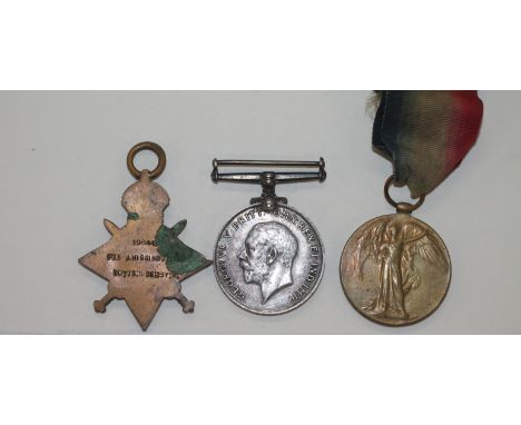 A NOTTS & DERBY REGIMENT TRIO. A 1914/15 Star, British War & Victory Medals named to 19884 Pte J Higginbottom Notts & Derby R