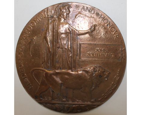 AN MGC RECIPIENT'S MEMORIAL PLAQUE. Named to John Southward of the Machine Gun Corps, who 'Died' on the 28th March 1918. No 6