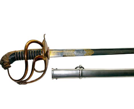 A SAXONY CAVALRY GUARD SWORD. A W K & Co made Saxony Cavalry Officers Guard sword, complete with a steel plated scabbard. A p