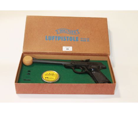 A WALTHER LP53 AIR PISTOL. An original carton Walther LP 53 .177 air pistol, number 092102. On the carton top  is Luftpistole