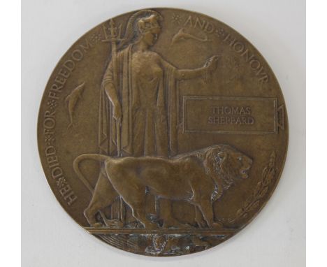 A MEMORIAL PLAQUE NAMED TO THOMAS SHEPPARD. Of which CWGC lists four possible recipients. 1. 2114 Pte Hampshire Regt 1/7/1916