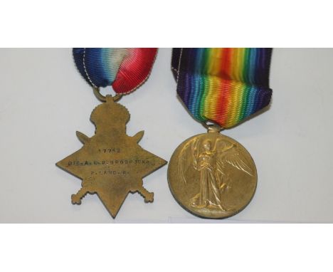A ROYAL LANCASHIRE REGT STAR & VICTORY PAIR. 1914/15 Star & Victory Medals named to 17712 Pte A E R Broderick R Lanc R. Servi