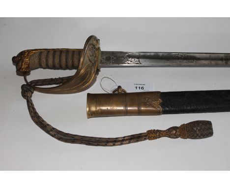 A NAVAL SWORD RNV ALSO AN RNR OFFICERS SWORD BELT. A George V period naval officers sword complete with scabbard, marked Lond