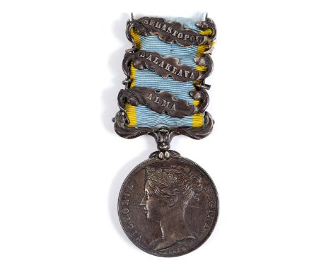 A LIGHT BRIGADE CHARGERS MEDAL. A three bar Crimea Medal with the name engraved to Henry Jewell X1th Hussars. The bars are Al