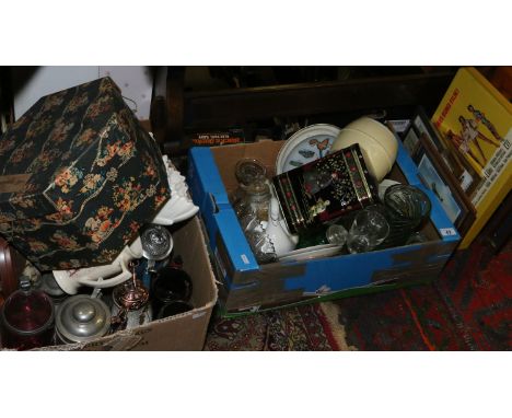 One box of miscellaneous ceramics and glass cranberry tankard. Sylvac planter, copper lustre teapot, German Steins, boxed hat