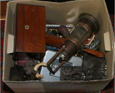 A box of miscellaneous includes a mahogany tea caddy, storm lantern, carved ebony bookends etc 