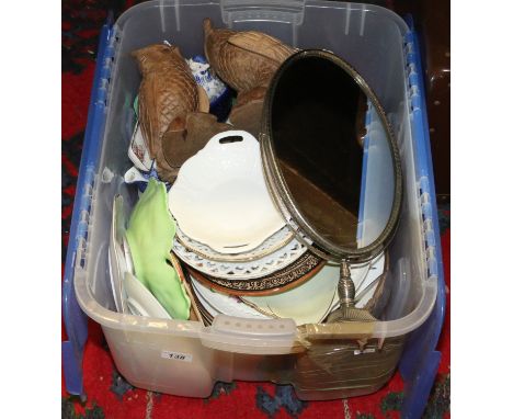 A box of mixed ceramics to include Wedgwood, Sylvac, Carltonware, Royal Doulton, wooden carved owls, silver plate mirror on s