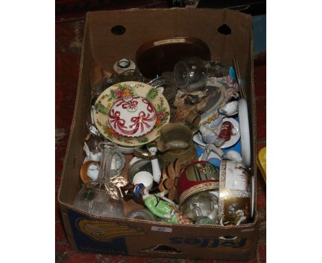 A box of mixed glass and crockery including antique examples and hand painted Dresden soup bowl etc.