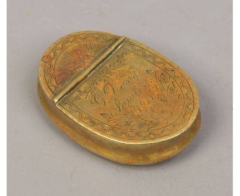 An engraved brass snuff box inscribed G Davy Sawley 1911